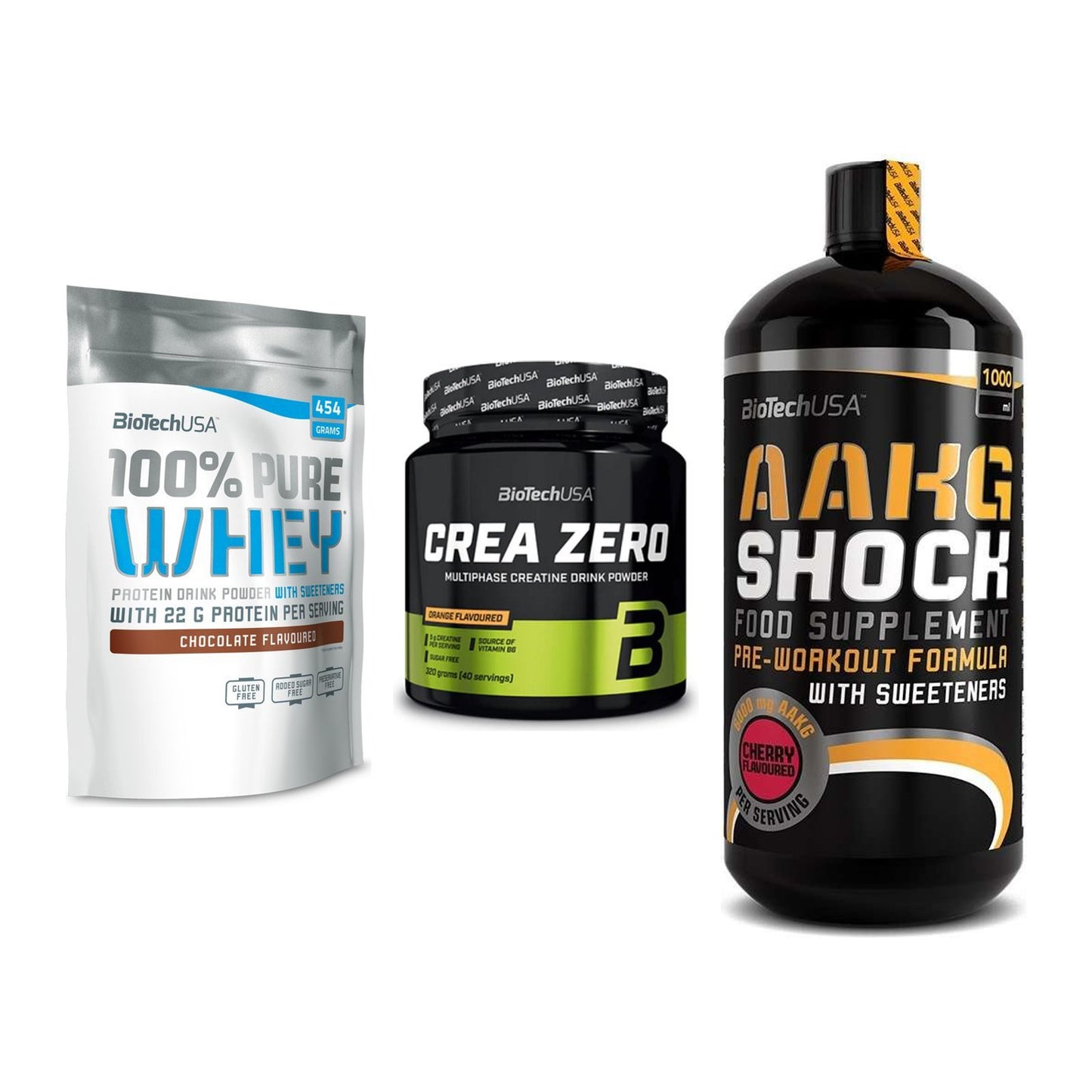 BioTech USA Marken-Trio: 100% Pure + Crea Zero + AAKG Shock – alle enthaltenen Artikel