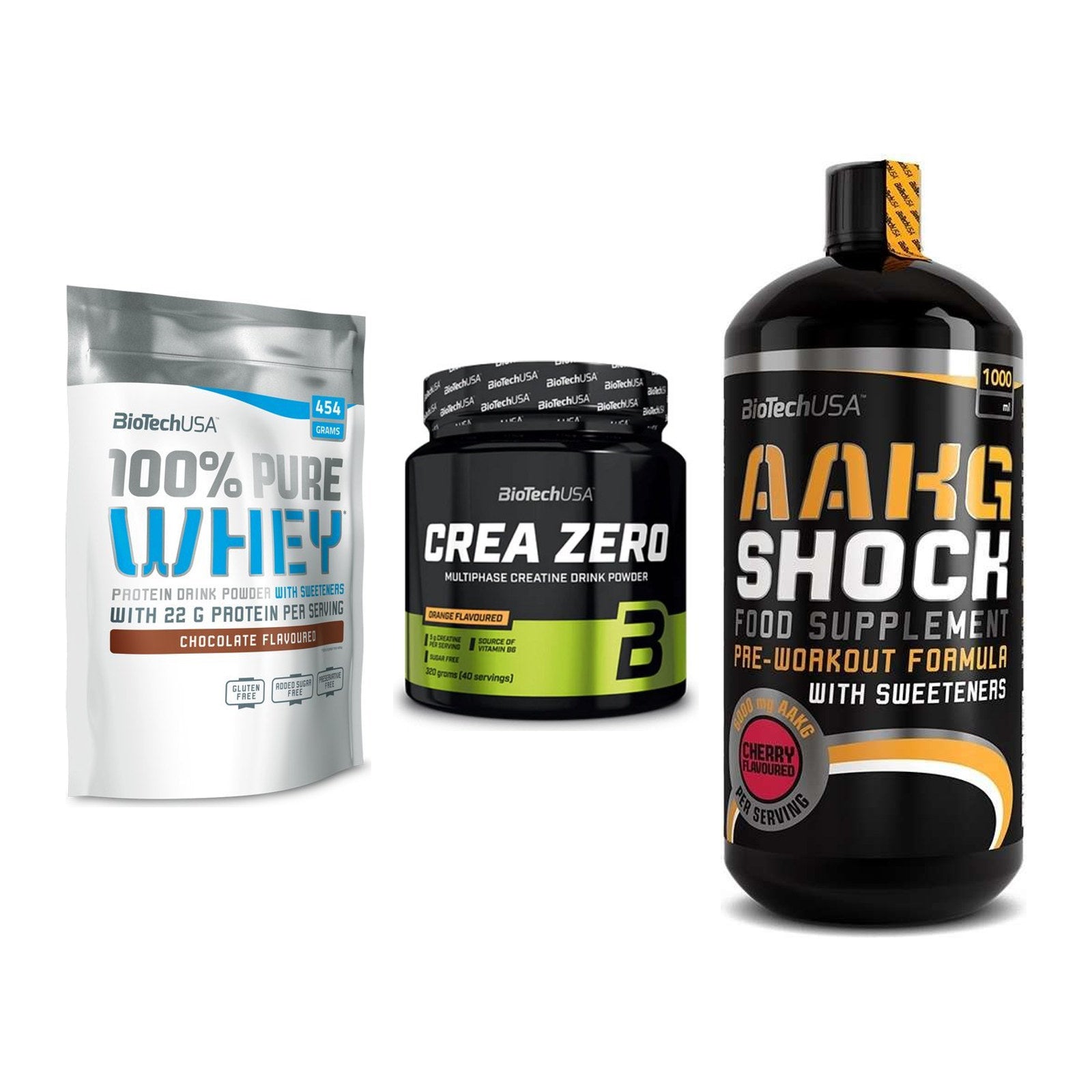 BioTech USA Marken-Trio: 100% Pure + Crea Zero + AAKG Shock – alle enthaltenen Artikel