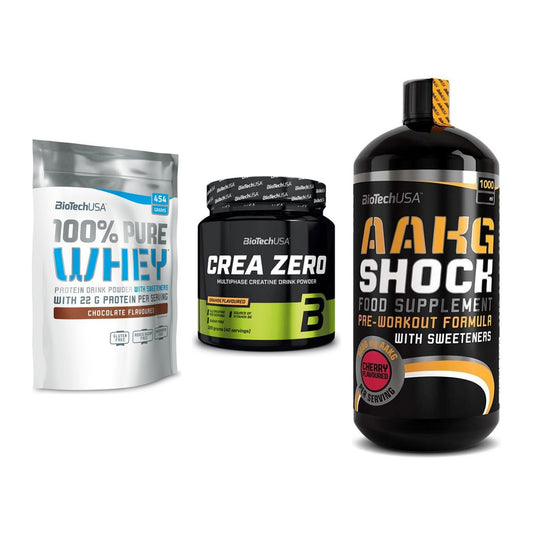 BioTech USA Marken-Trio: 100% Pure + Crea Zero + AAKG Shock – alle enthaltenen Artikel