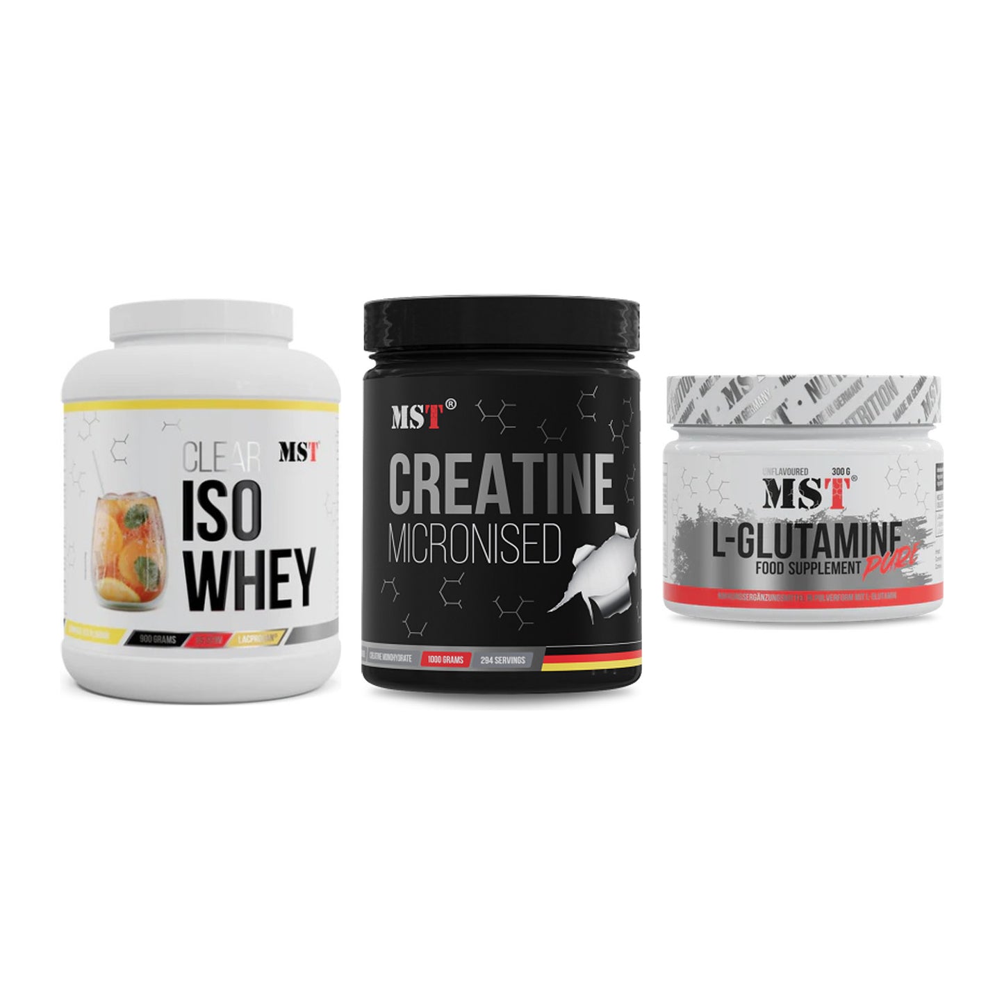 MST Marken-Trio: Iso Clear + Creatin Monohydrate + Glutamine – alle enthaltenen Artikel