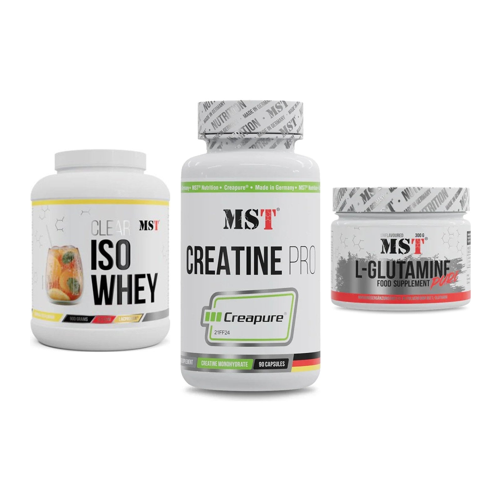 MST Marken-Trio: Iso Clear 900g + Creatine Pro + Glutamine – alle enthaltenen Artikel