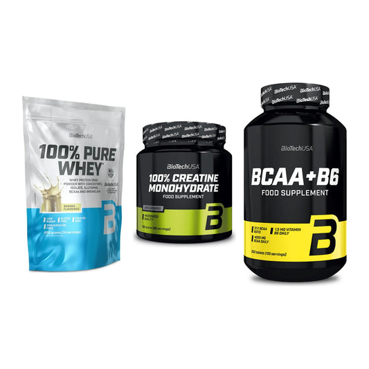 BioTech USA Marken-Trio: 100% Pure + Creatine + BCAA+B6 200 – alle enthaltenen Artikel