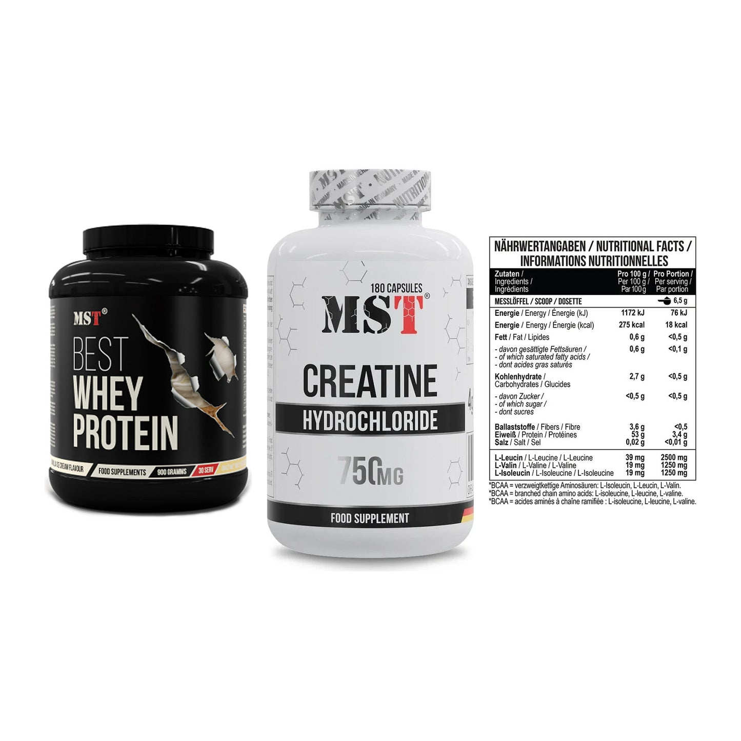 MST Marken-Trio: Best Whey Protein + Creatine HCL + BCAA Zero – alle enthaltenen Artikel