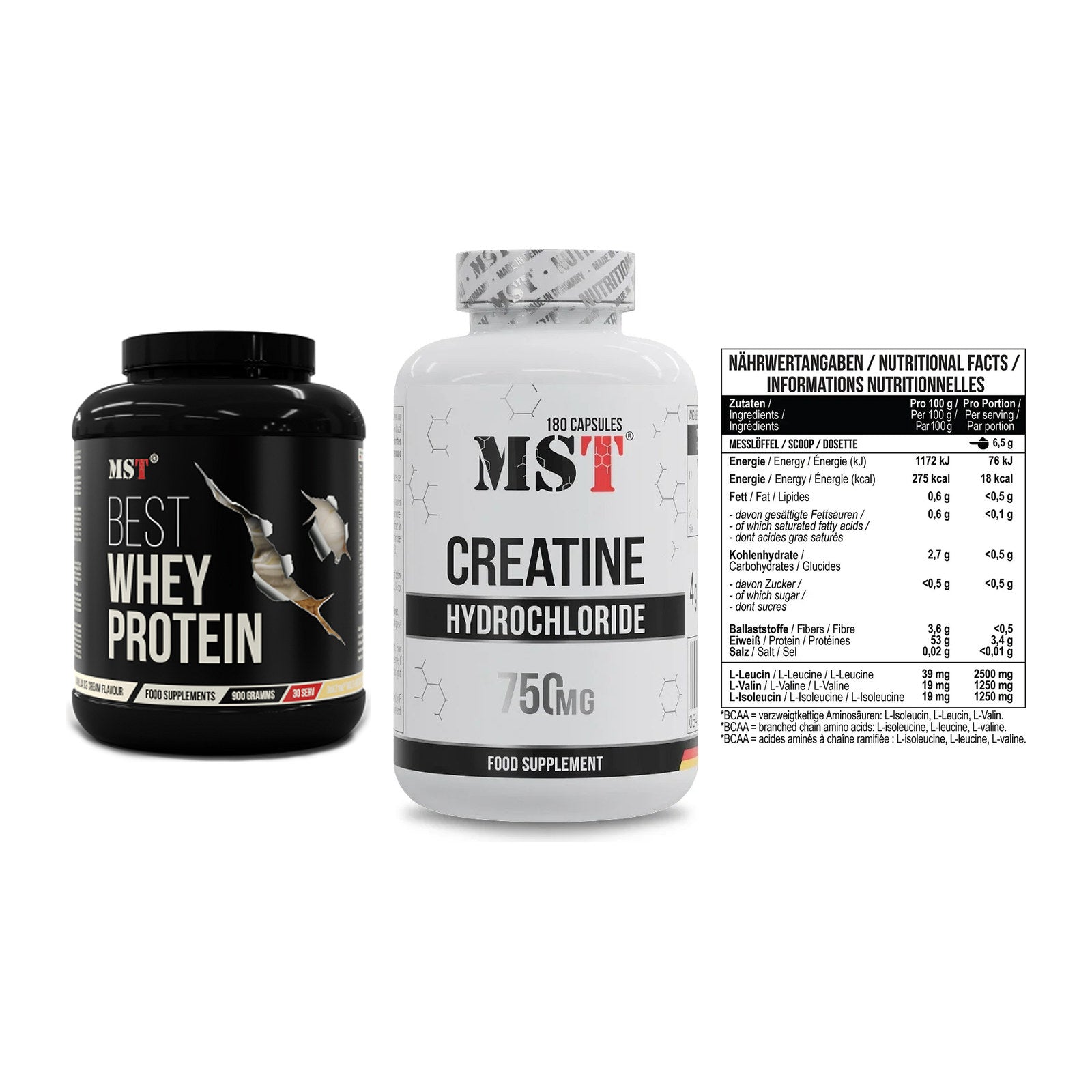 MST Marken-Trio: Best Whey Protein + Creatine HCL + BCAA Zero – alle enthaltenen Artikel