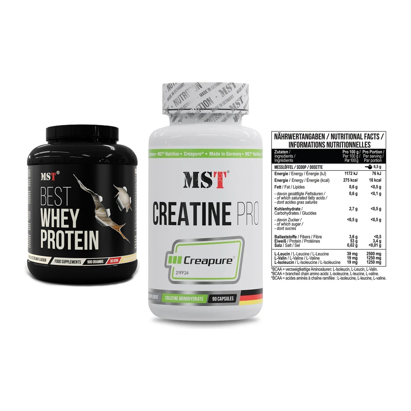 MST Marken-Trio: Best Whey Protein + Creatine Pro CREAPURE + BCAA Zero – alle enthaltenen Artikel
