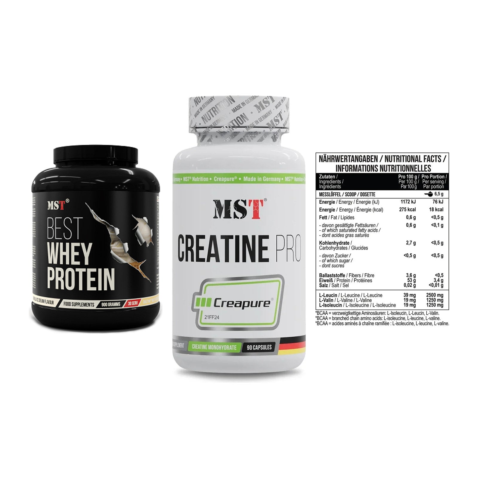 MST Marken-Trio: Best Whey Protein + Creatine Pro CREAPURE + BCAA Zero – alle enthaltenen Artikel
