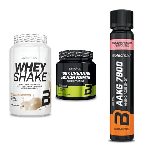 BioTech USA Marken-Trio: Whey Shake + Creatine + AAKG 7800 20 – alle enthaltenen Artikel
