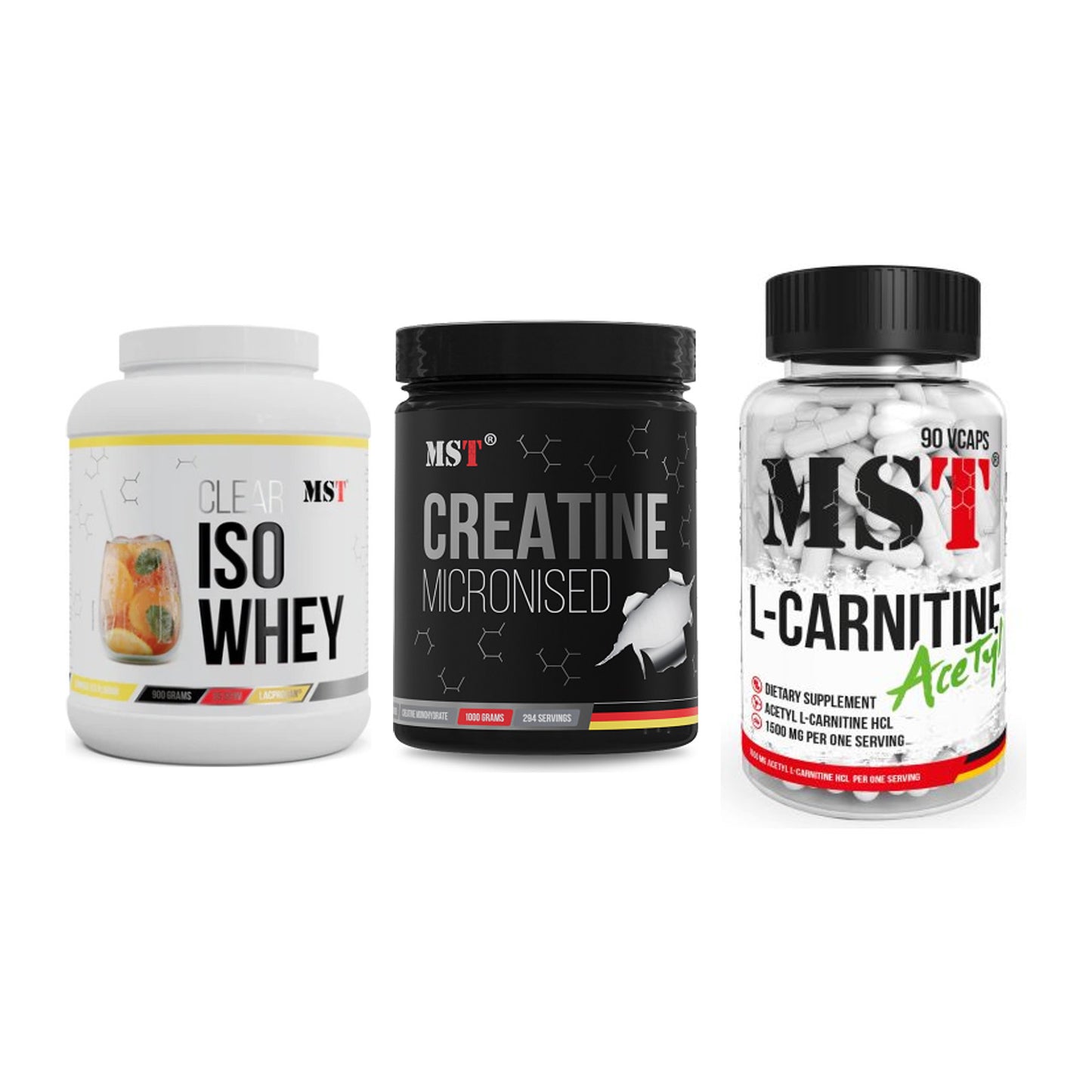MST Marken-Trio: Iso Clear + Creatin Monohydrate + L-Carnitine Acetyle – alle enthaltenen Artikel