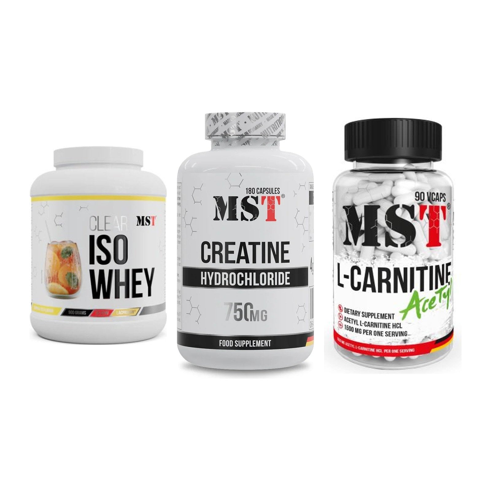 MST Marken-Trio: Iso Clear 900g + Creatine HCL + L-Carnitine – alle enthaltenen Artikel