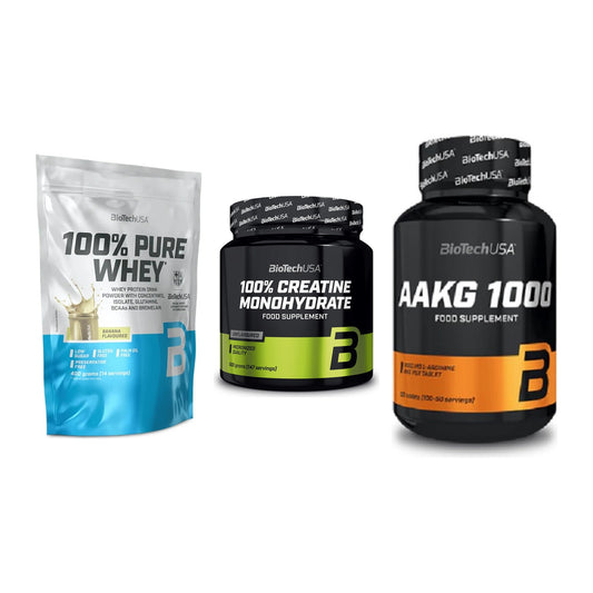 BioTech USA Marken-Trio: 100% Pure + Creatine + AAKG 1000mg – alle enthaltenen Artikel
