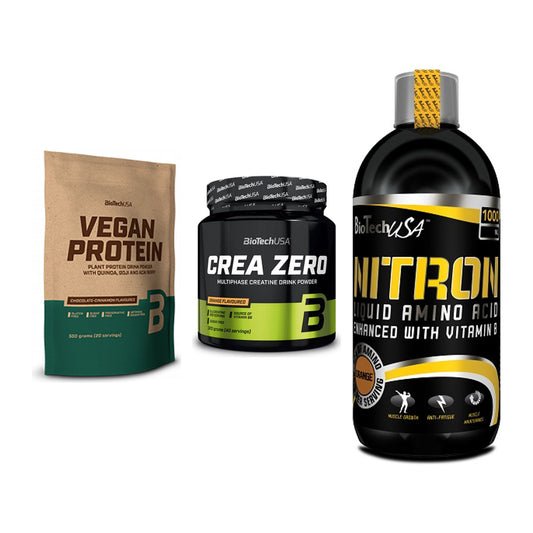 BioTech USA Marken-Trio: Vegan Protein + Crea Zero + Liquid Amino – alle enthaltenen Artikel