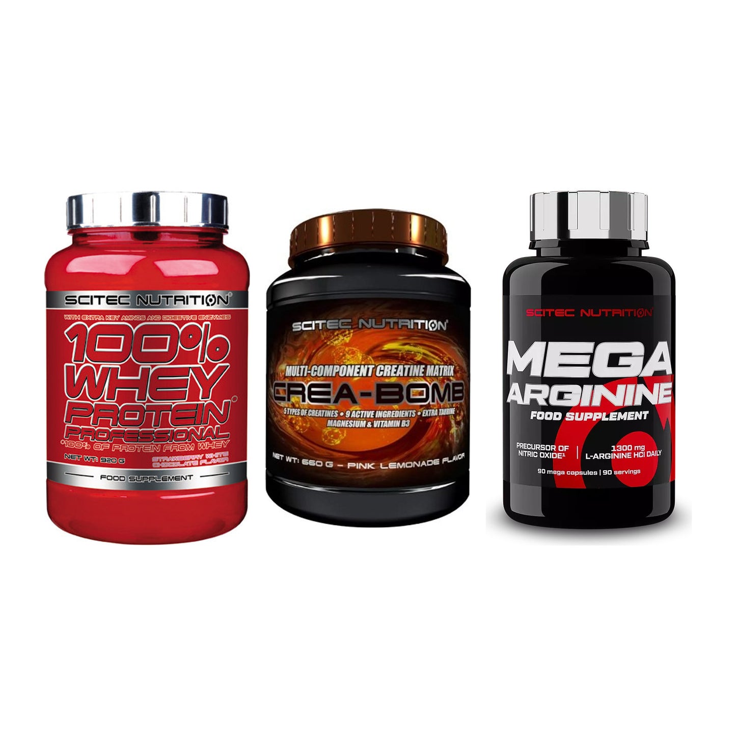 Scitec Nutrition Marken-Trio: 100% Whey + Crea-Bomb + 1 weitere – alle enthaltenen Artikel