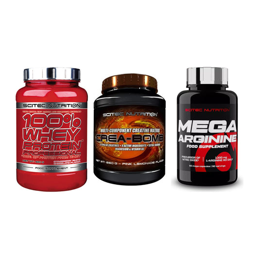 Scitec Nutrition Marken-Trio: 100% Whey + Crea-Bomb + 1 weitere – alle enthaltenen Artikel