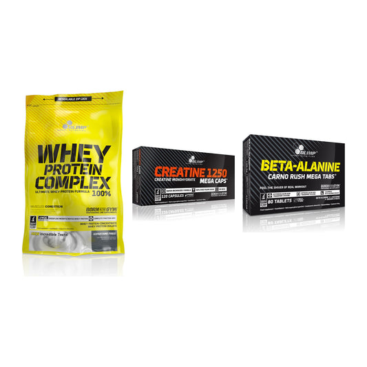 Olimp Marken-Trio: Whey Protein + Creatine Mega + Beta-Alanin – alle enthaltenen Artikel