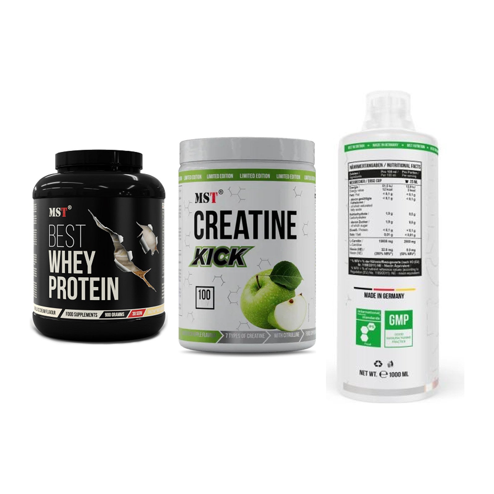 MST Marken-Trio: Best Whey + Creatine Kick + L-Carnitine – alle enthaltenen Artikel