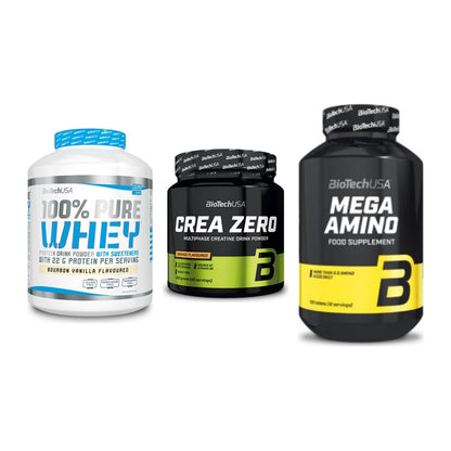 BioTech USA Marken-Trio: 100% Pure Whey + Crea Zero + Mega Amino – alle enthaltenen Artikel
