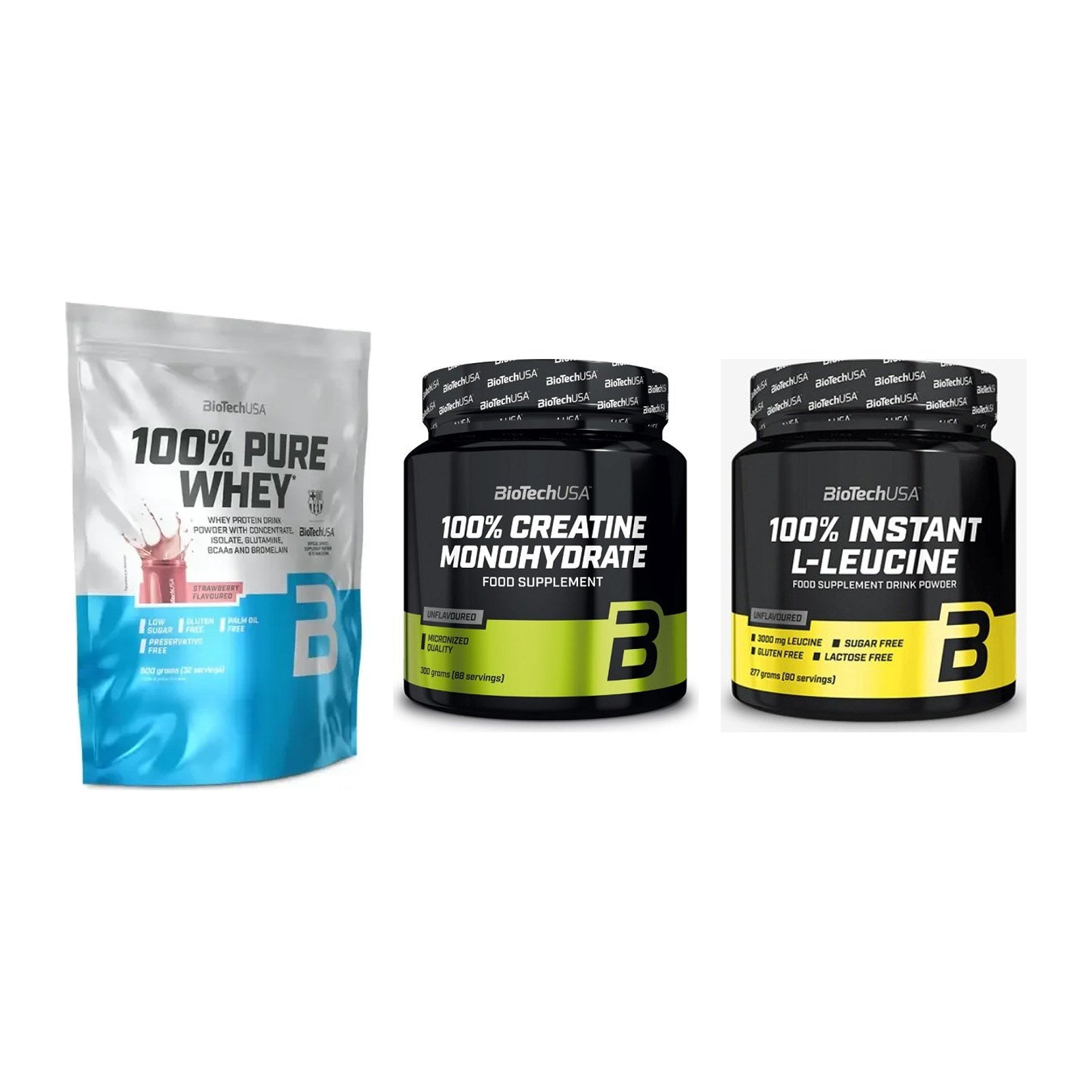 BioTech USA Marken-Trio: 100% Pure + Creatine + 100% Instant – alle enthaltenen Artikel