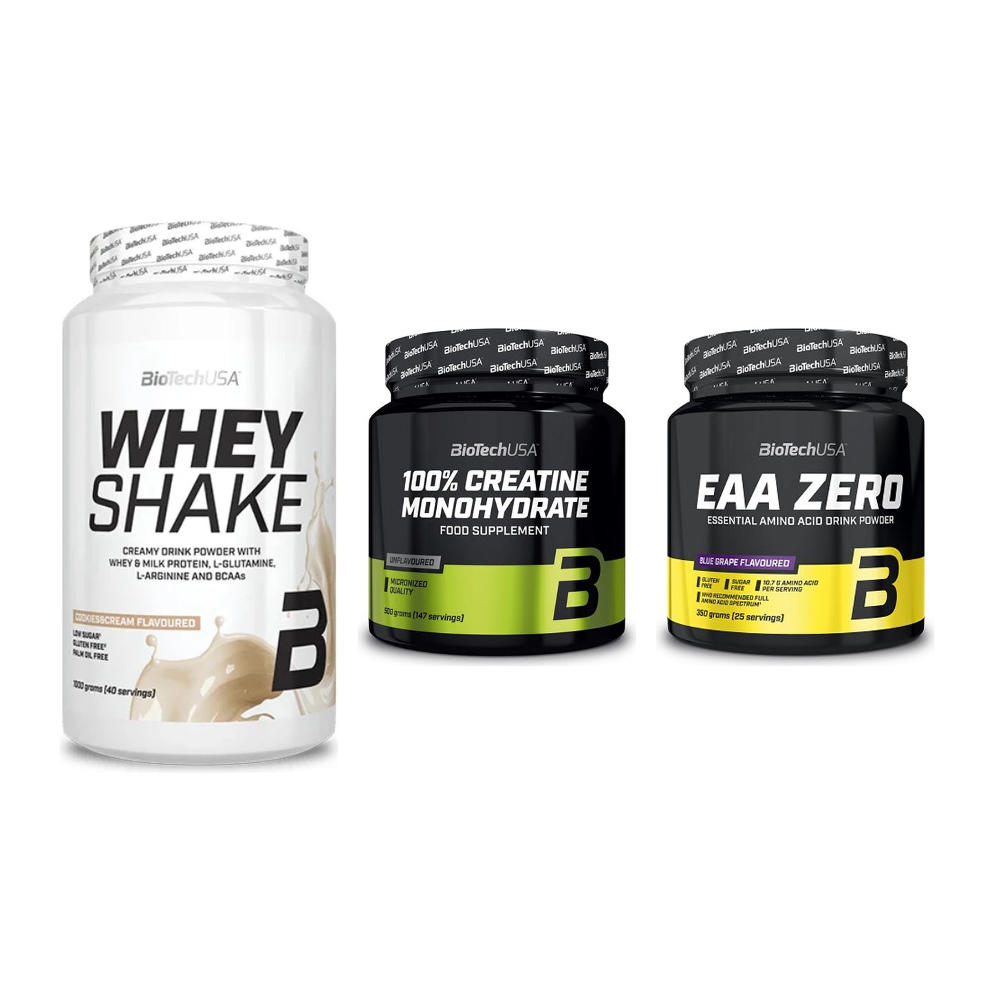 BioTech USA Marken-Trio: Whey Shake + Creatine Monohydrate + EAA Zero – alle enthaltenen Artikel