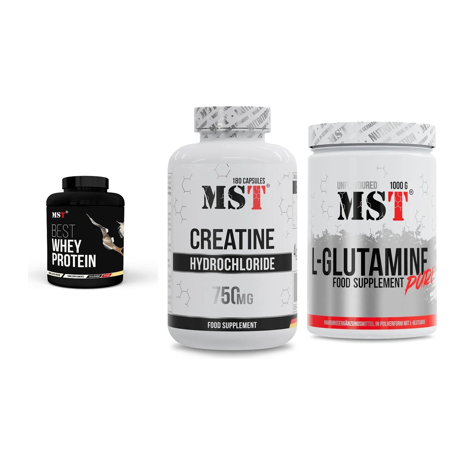 MST Marken-Trio: Best Whey Protein + Creatine HCL + Glutamine – alle enthaltenen Artikel