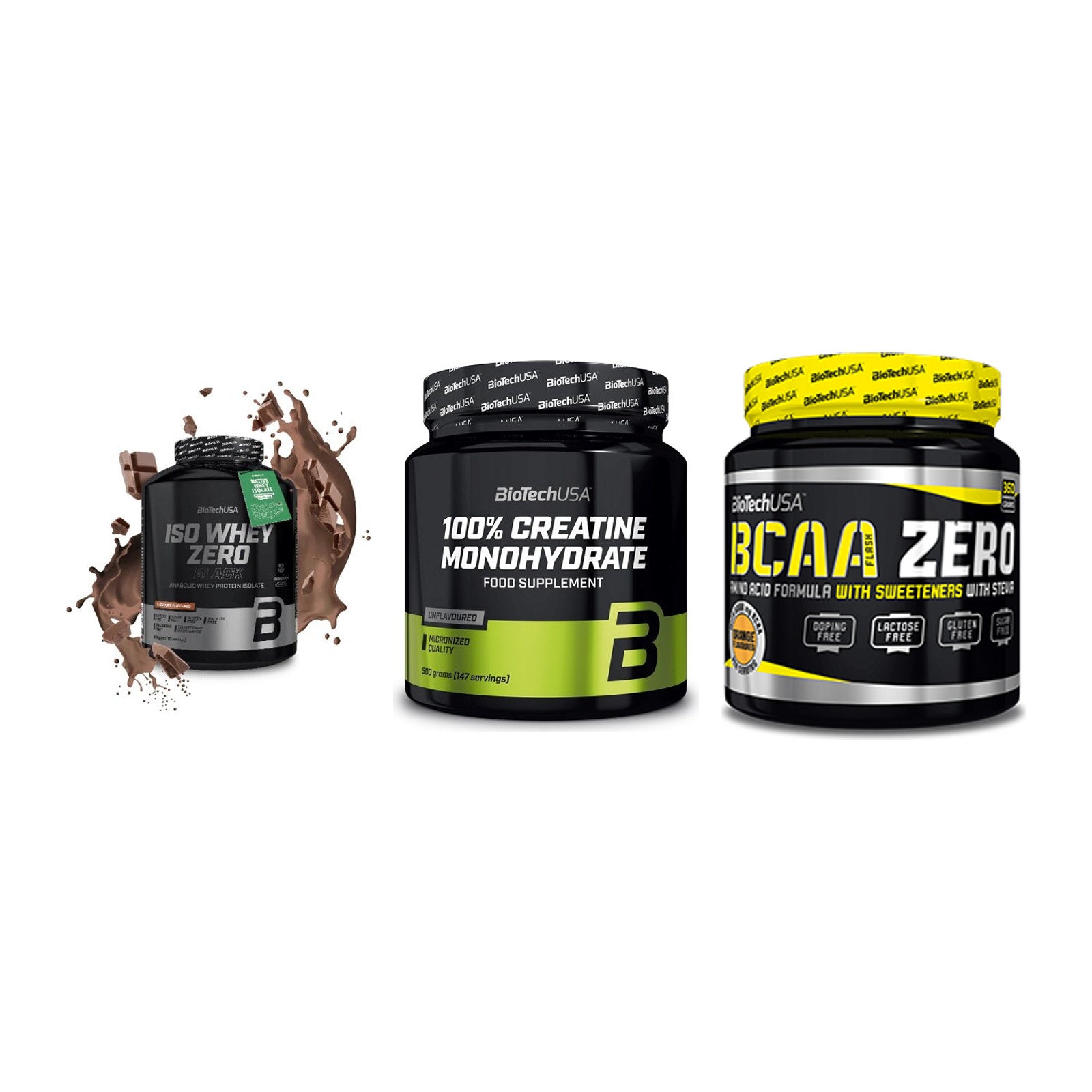 BioTech USA Marken-Trio: Iso Whey Zero + Creatine + BCAA Zero – alle enthaltenen Artikel