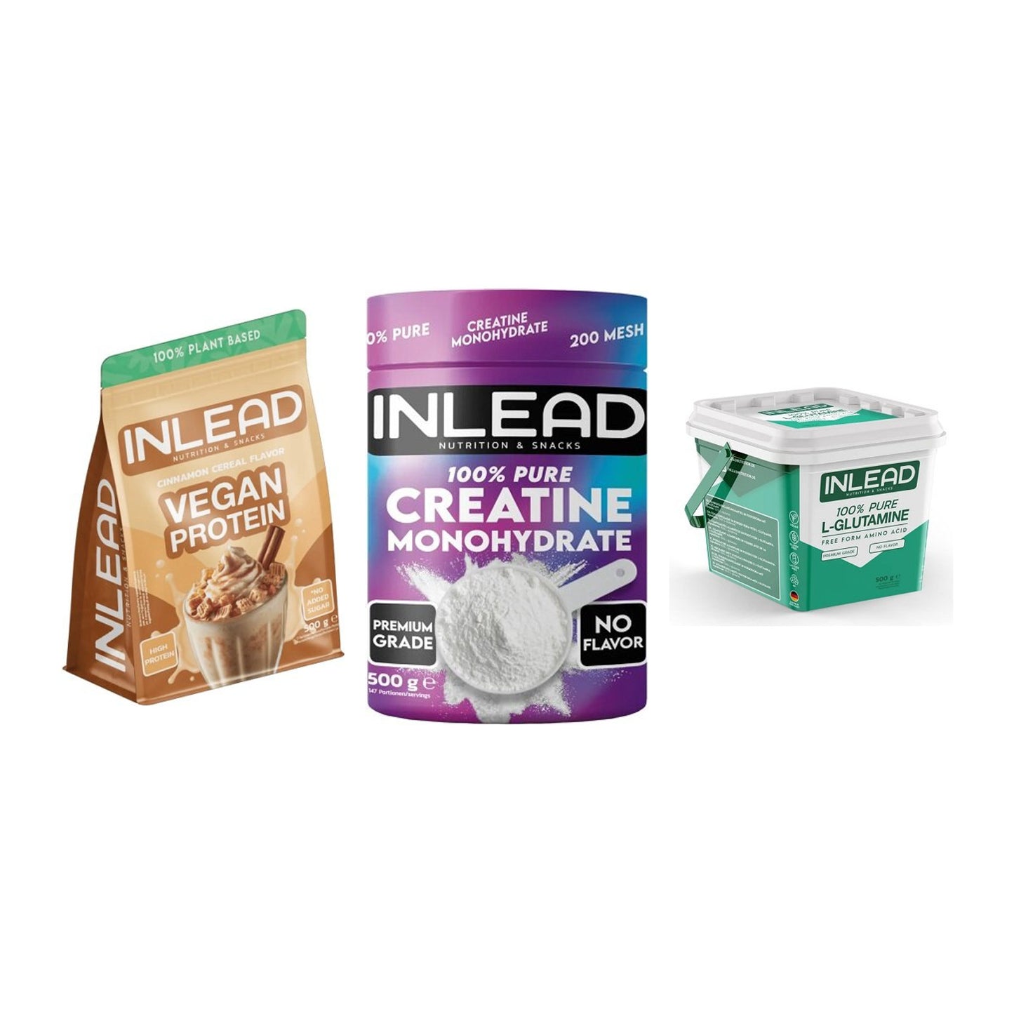 INLEAD Marken-Trio: Vegan Protein + Creatine Monohydrate + L-Glutamine – alle enthaltenen Artikel