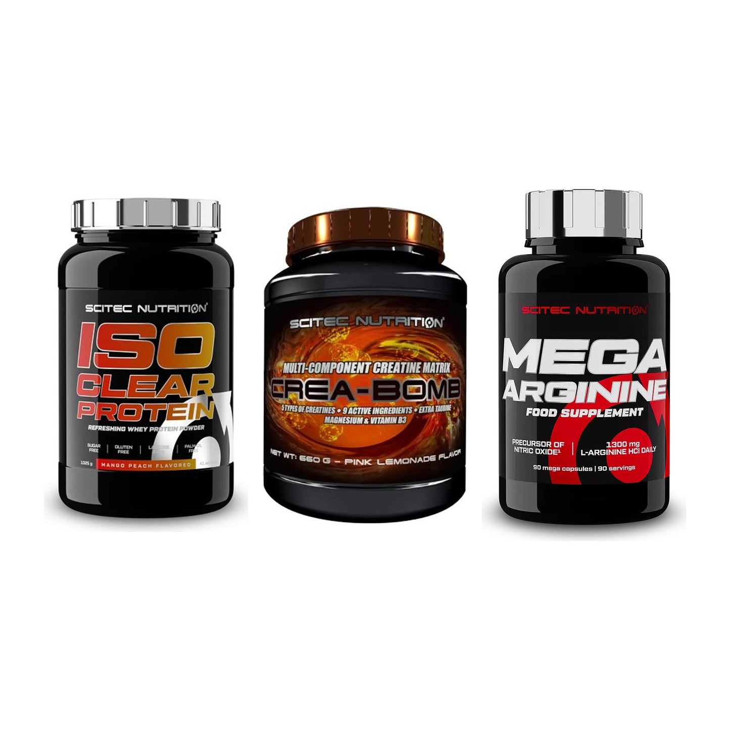 Scitec Nutrition Marken-Trio: IsoClear Protein + Crea-Bomb + 1 weitere – alle enthaltenen Artikel