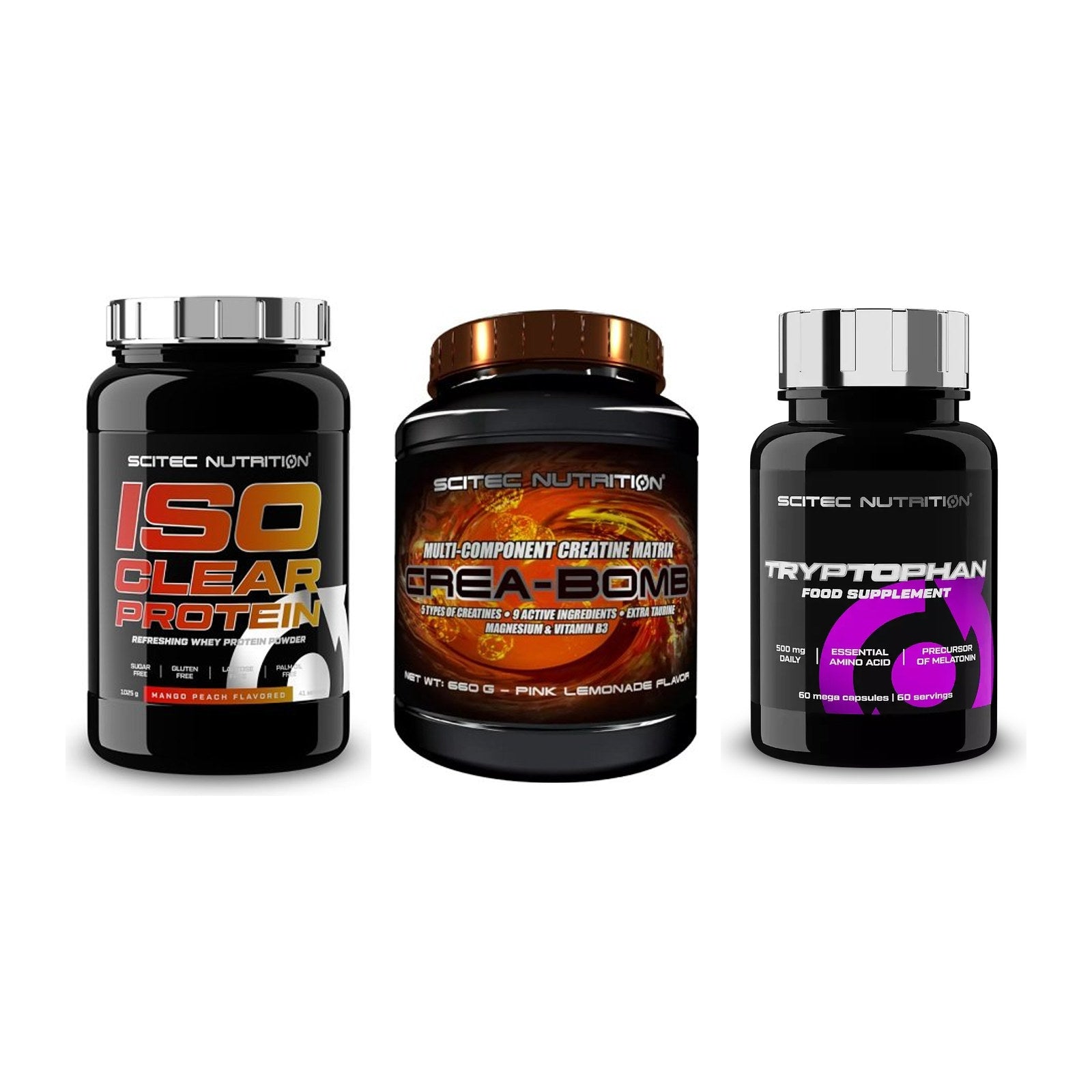 Scitec Nutrition Marken-Trio: IsoClear Protein + Crea-Bomb + 1 weitere – alle enthaltenen Artikel