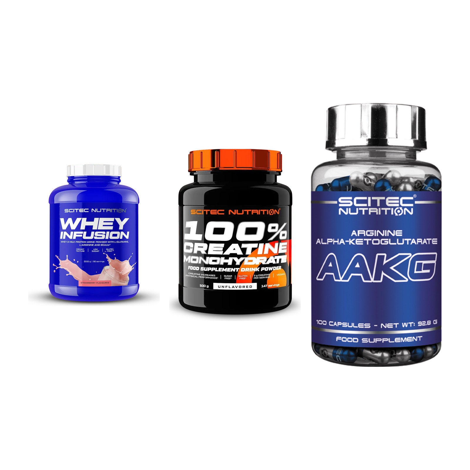 Scitec Nutrition Marken-Trio: Whey Infusio + Creatine + 1 weitere – alle enthaltenen Artikel