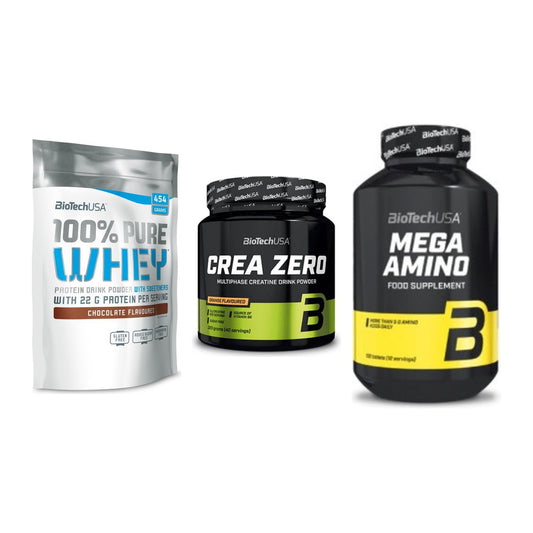 BioTech USA Marken-Trio: 100% Pure + Crea Zero + Mega Amino – alle enthaltenen Artikel