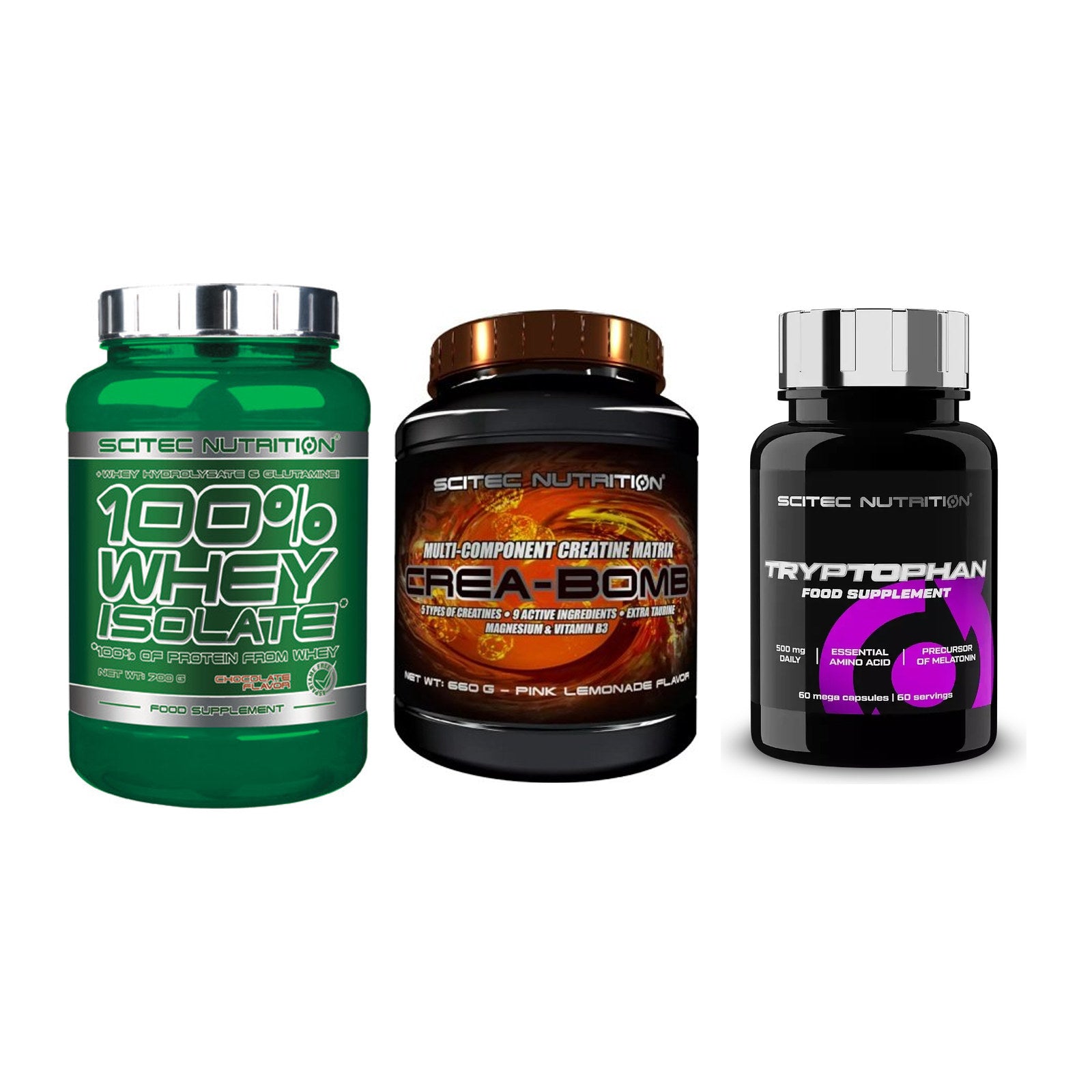 Scitec Nutrition Marken-Trio: Whey Isolate + Crea-Bomb + 1 weitere – alle enthaltenen Artikel