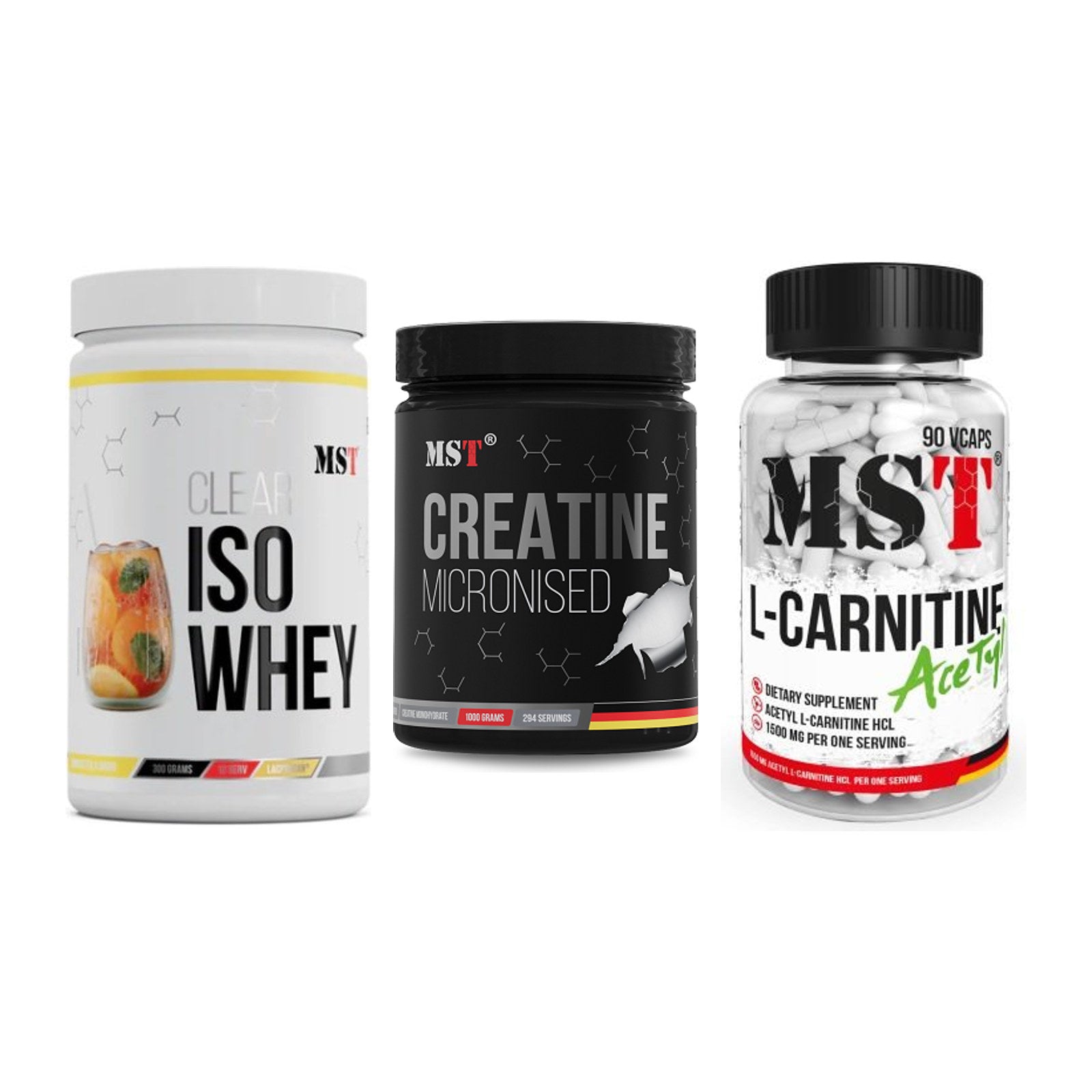 MST Marken-Trio: Iso Clear + Creatin Monohydrate + L-Carnitine Acetyle – alle enthaltenen Artikel
