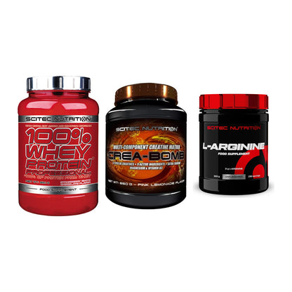 Scitec Nutrition Marken-Trio: 100% Whey + Crea-Bomb + 1 weitere – alle enthaltenen Artikel
