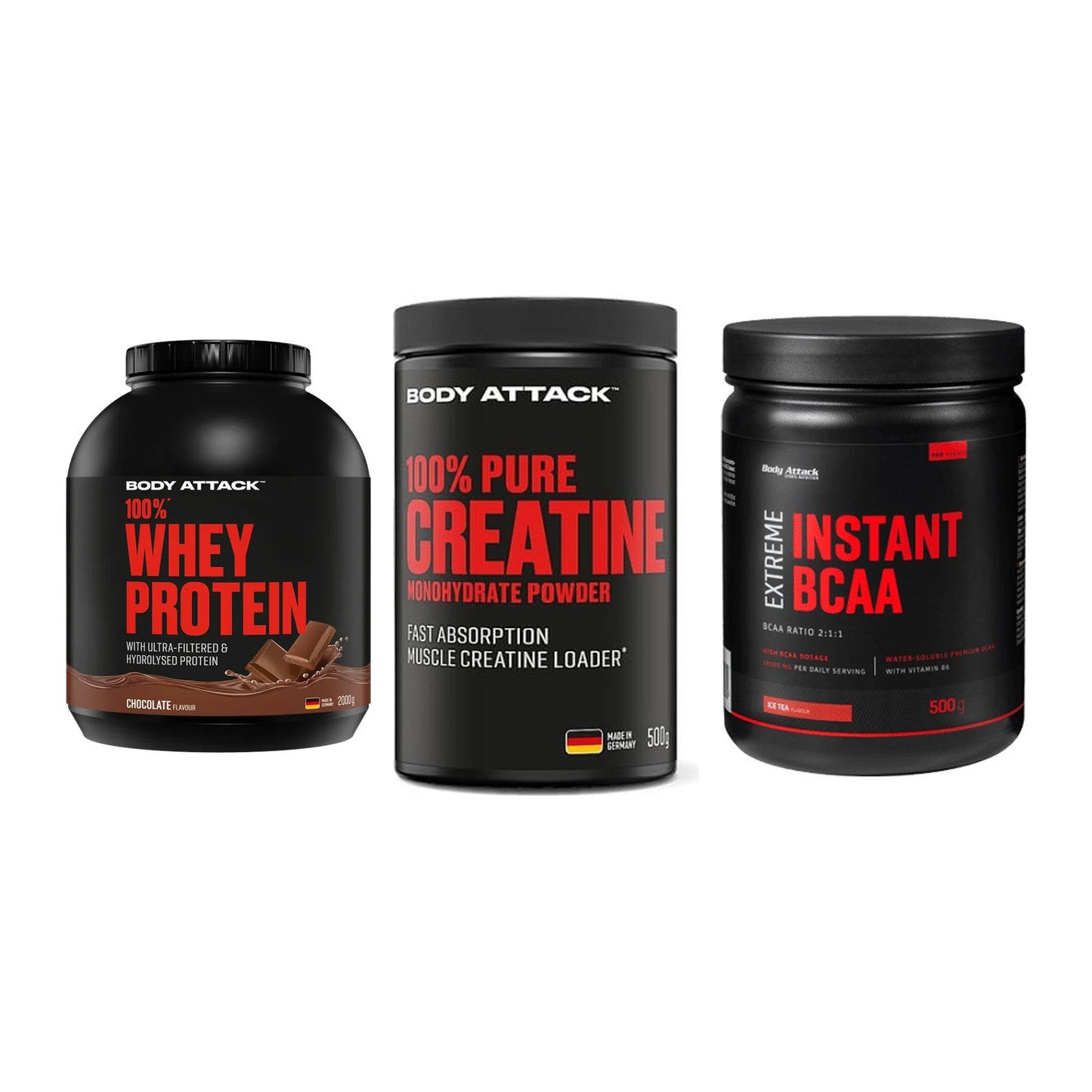 Body Attack Marken-Trio: Attack 100% Whey Protein + 2 weitere – alle enthaltenen Artikel