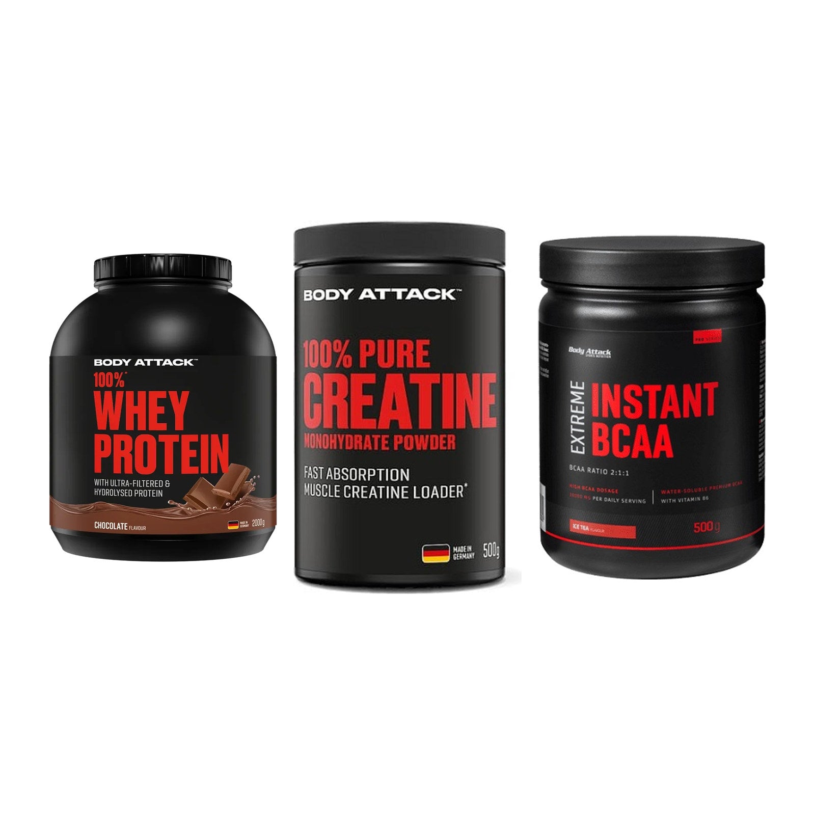 Body Attack Marken-Trio: Attack 100% Whey Protein + 2 weitere – alle enthaltenen Artikel