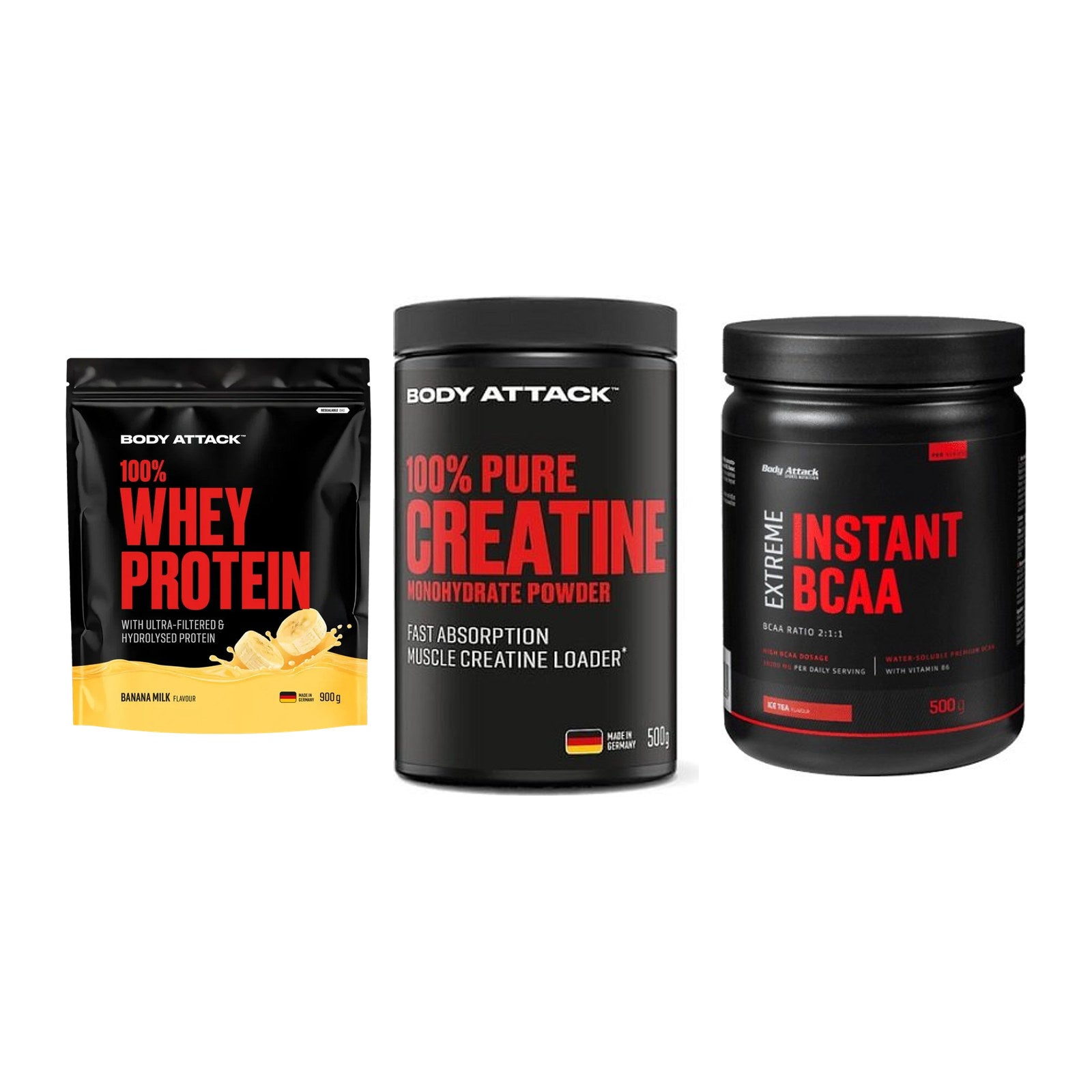 Body Attack Marken-Trio: Attack 100% Whey Protein + 2 weitere – alle enthaltenen Artikel