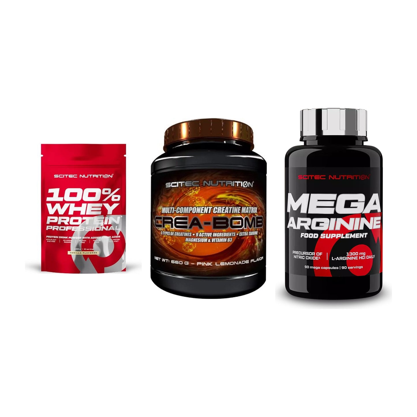 Scitec Nutrition Marken-Trio: 100% Whey + Crea-Bomb + 1 weitere – alle enthaltenen Artikel