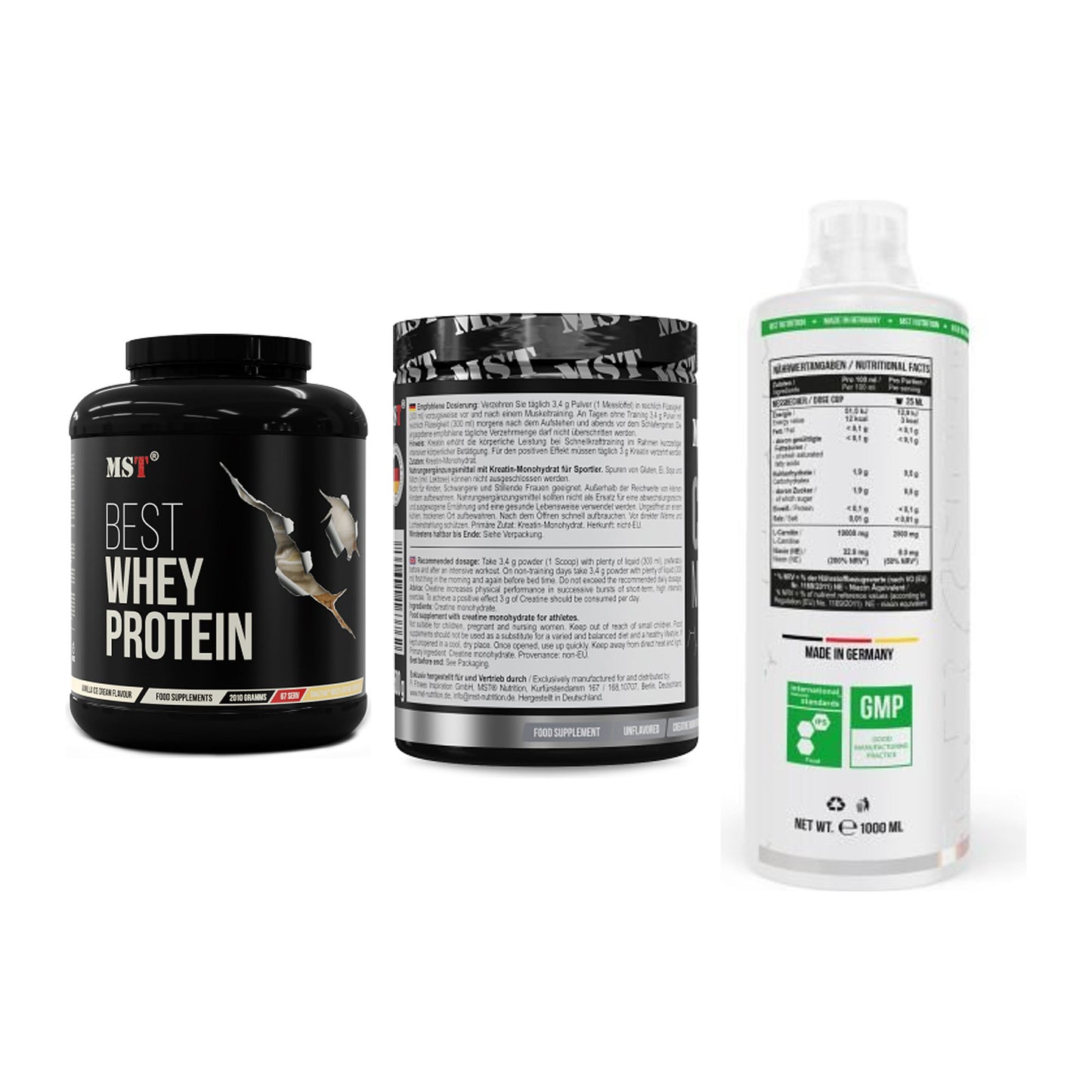 MST Marken-Trio: Best Whey + Creatin Monohyd + L-Carnitine – alle enthaltenen Artikel