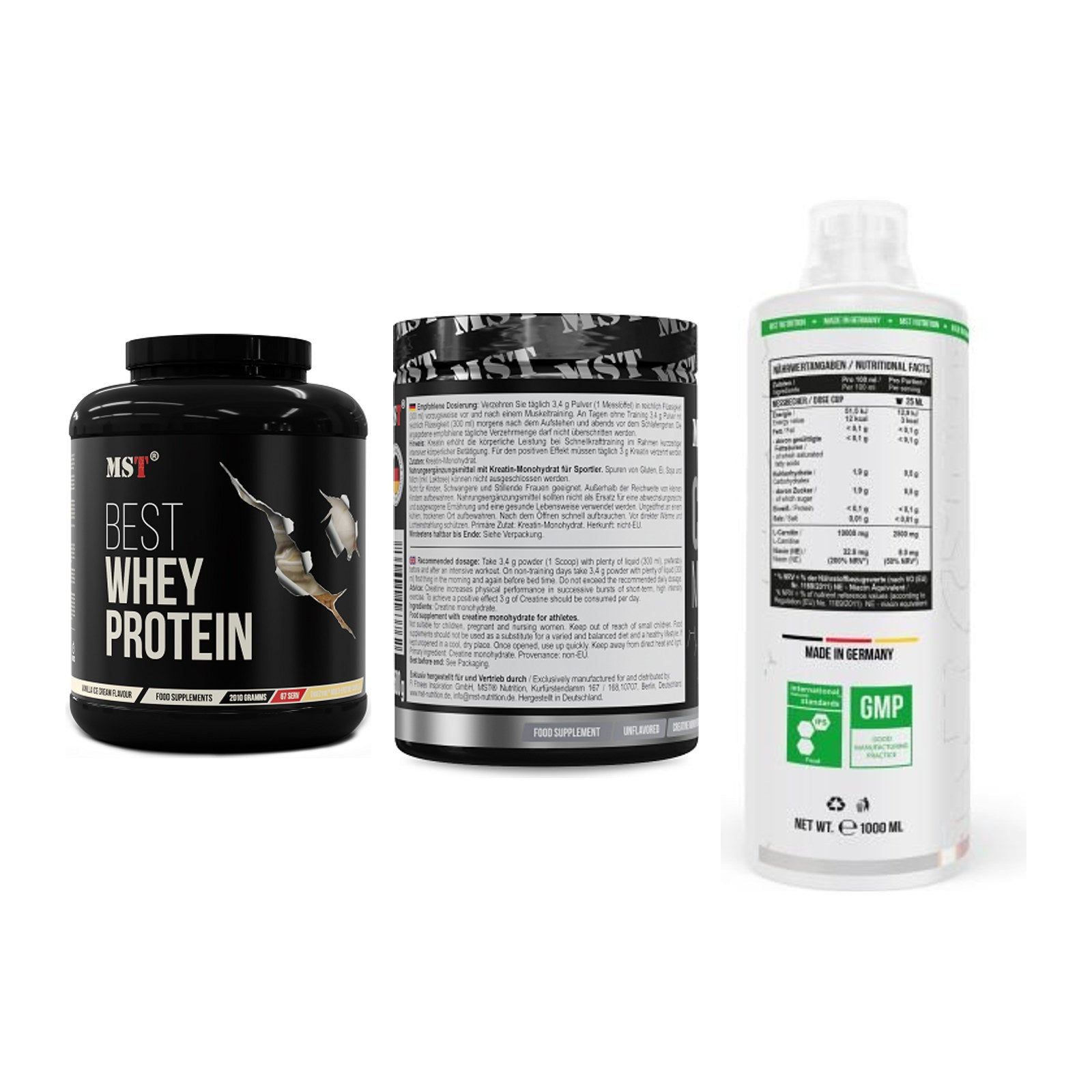 MST Marken-Trio: Best Whey + Creatin Monohyd + L-Carnitine – alle enthaltenen Artikel