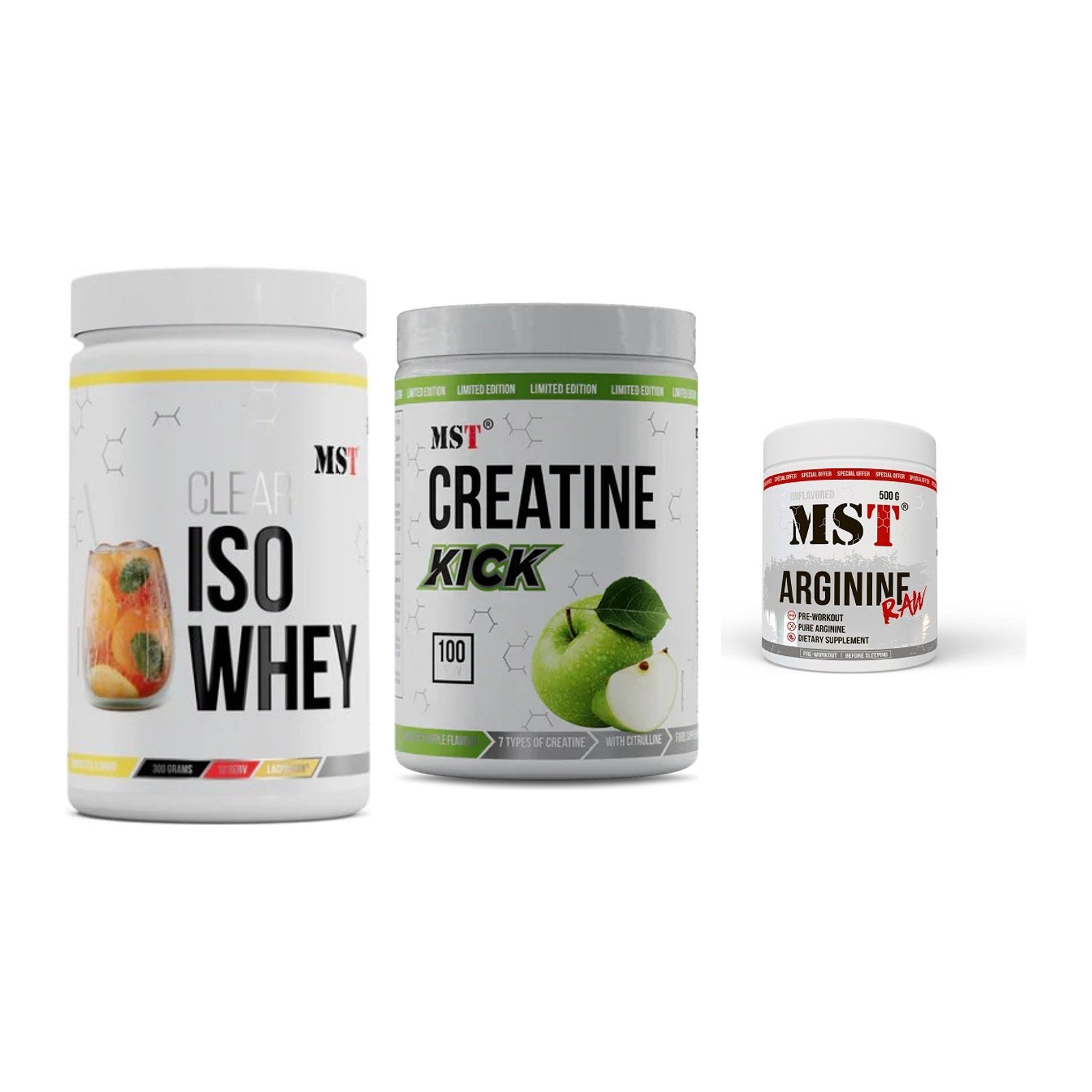 MST Marken-Trio: Iso Clear + Creatine Kick + Arginine RAW – alle enthaltenen Artikel