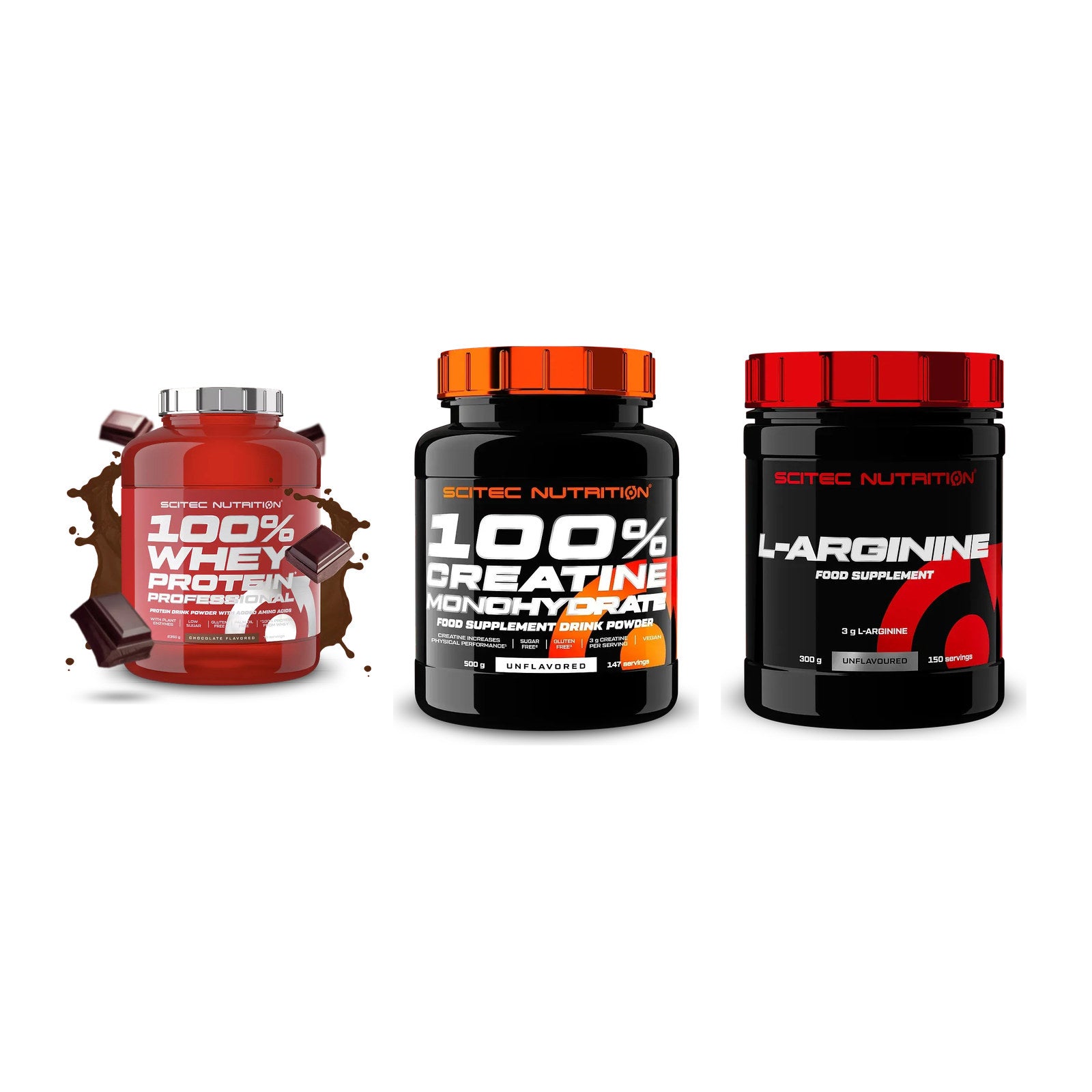 Scitec Nutrition Marken-Trio: 100% Whey + Creatine + 1 weitere – alle enthaltenen Artikel