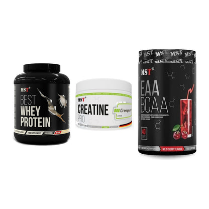 MST Marken-Trio: Best Whey Protein + Creatin Pro CREAPURE + EAA & BCAA – alle enthaltenen Artikel