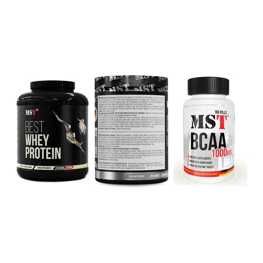 MST Marken-Trio: Best Whey + Creatin Monohyd + BCAA 1000 (90 – alle enthaltenen Artikel