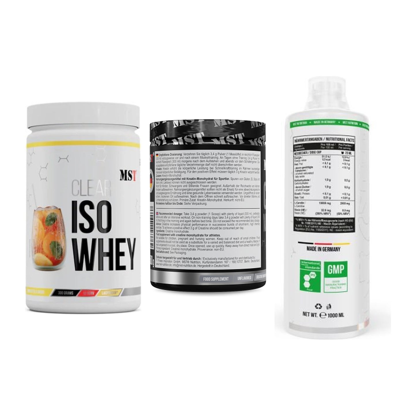 MST Marken-Trio: Iso Clear + Creatin Monohyd + L-Carnitine – alle enthaltenen Artikel