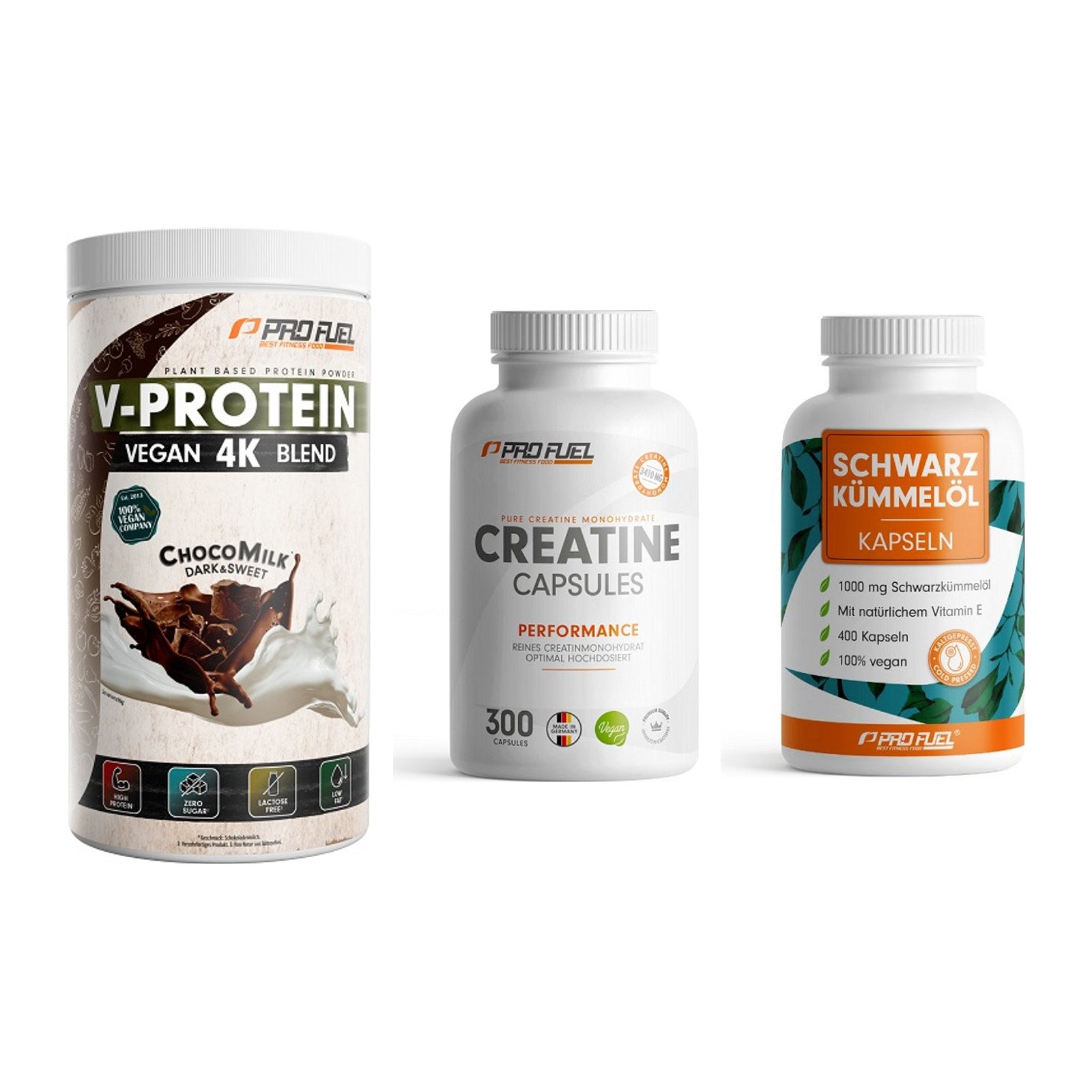 ProFuel Marken-Trio: V-PROTEIN + Creatine + Schwarzkümmelö – alle enthaltenen Artikel