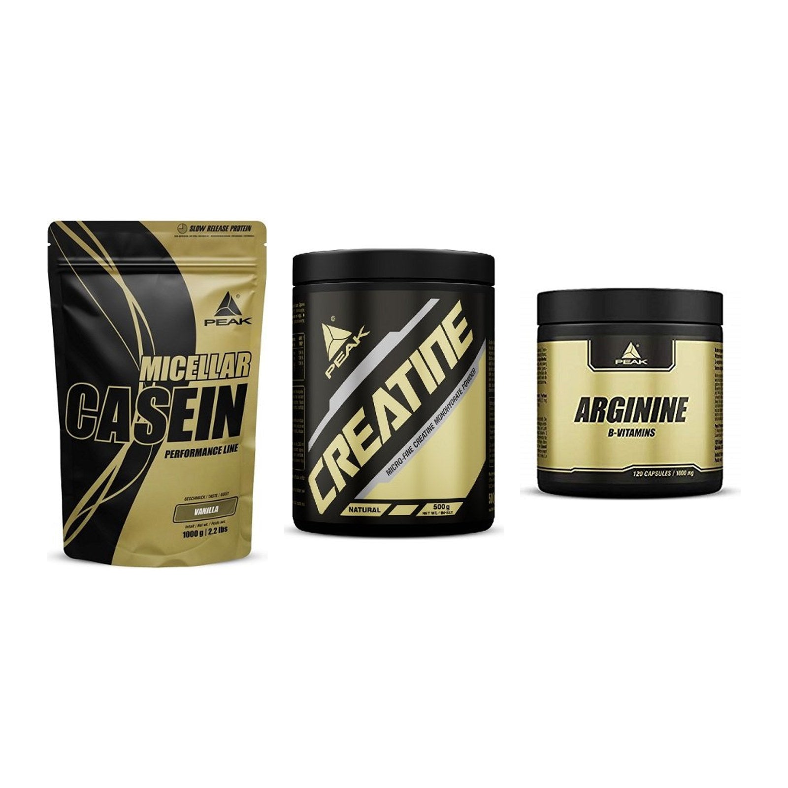 Peak Marken-Trio: Micellar Casein + Creatin Powder + Arginin – alle enthaltenen Artikel