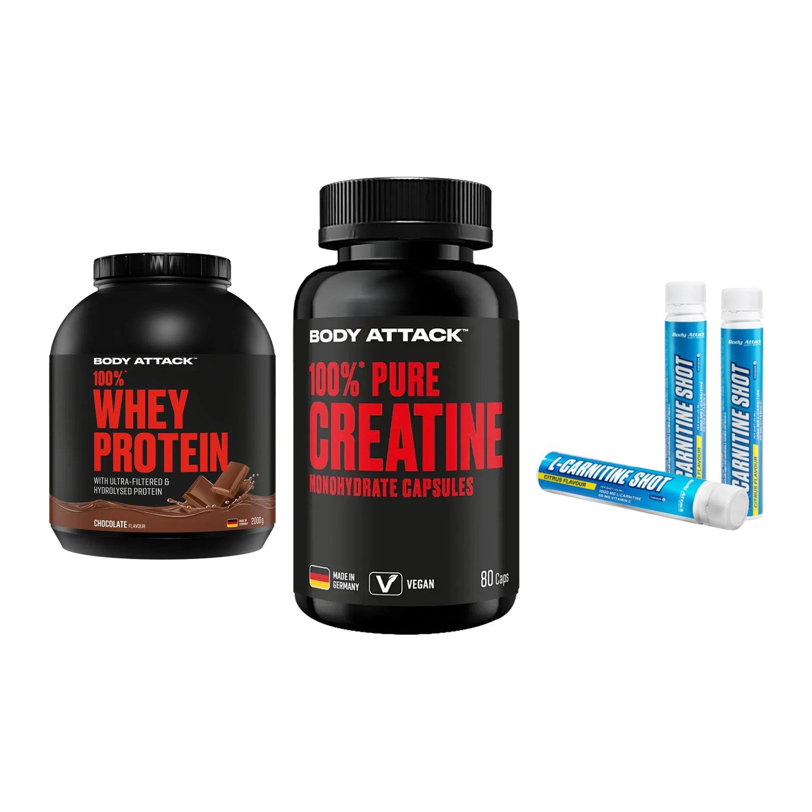 Body Attack Marken-Trio: Attack 100% Whey Protein + 2 weitere – alle enthaltenen Artikel
