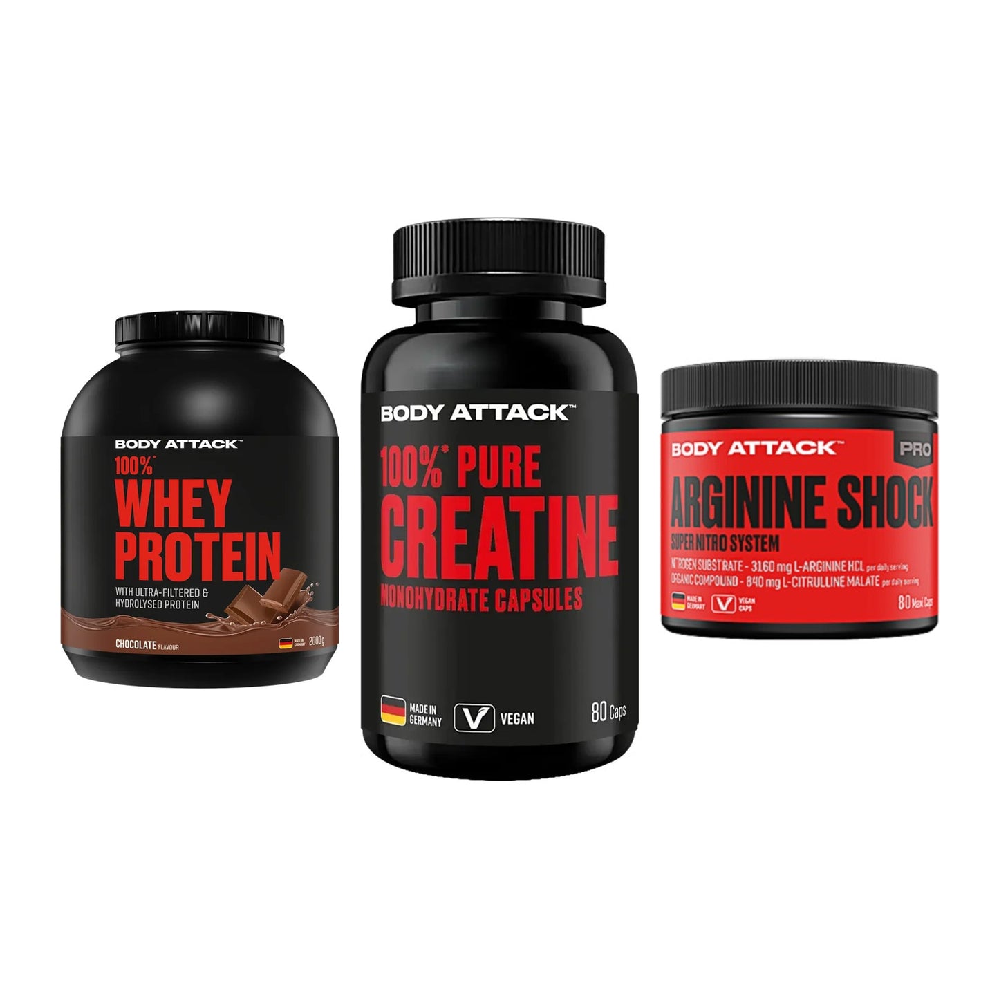 Body Attack Marken-Trio: Attack 100% Whey Protein + 2 weitere – alle enthaltenen Artikel
