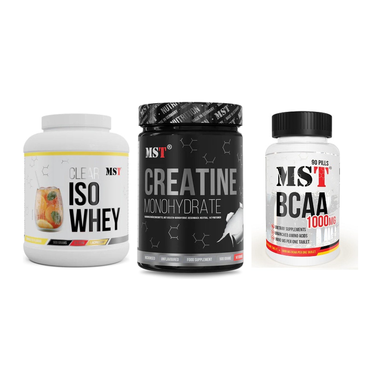 MST Marken-Trio: Iso Clear + Creatin Monohyd + BCAA 1000 (90 – alle enthaltenen Artikel