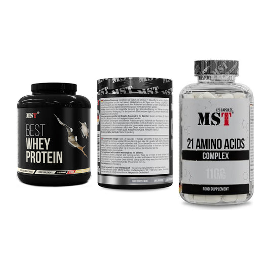 MST Marken-Trio: Best Whey + Creatin Monohyd + 21 Amino Acids – alle enthaltenen Artikel