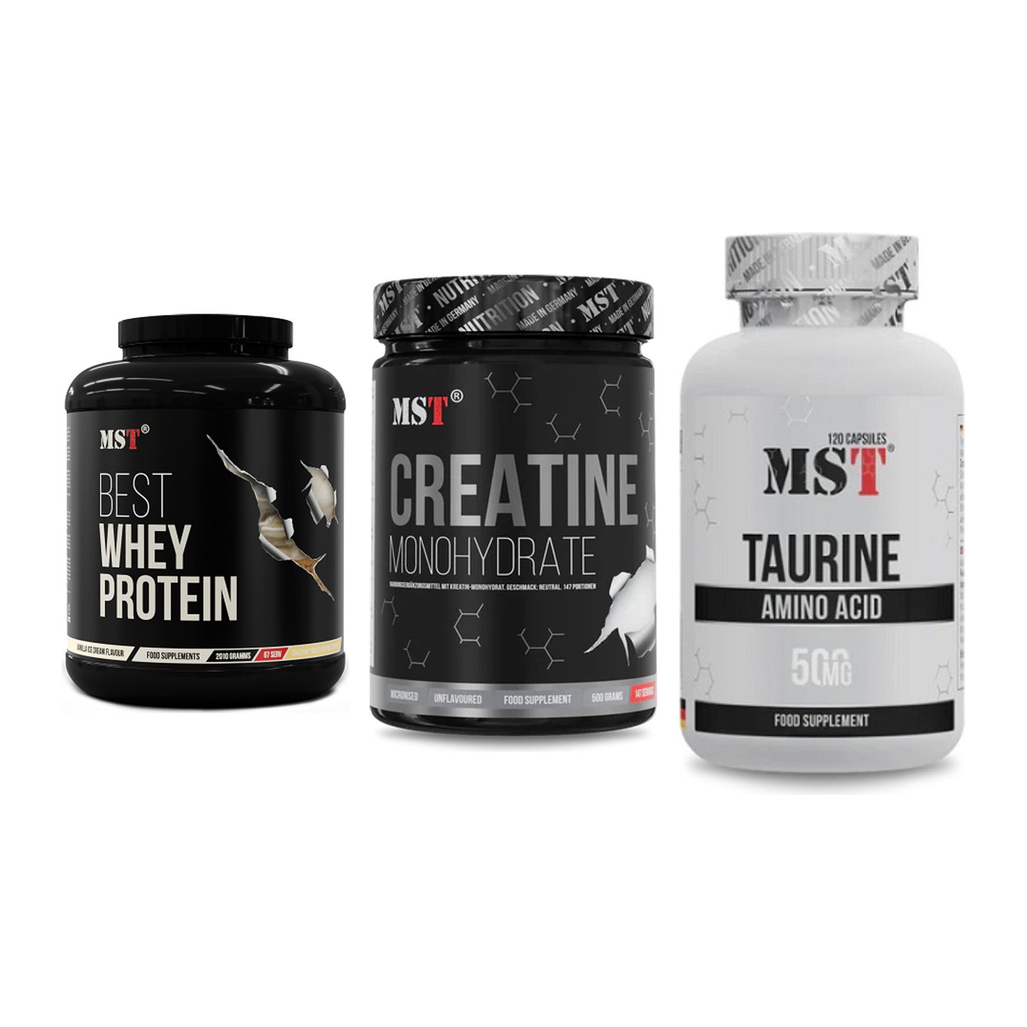 MST Marken-Trio: Best Whey Protein + Creatin Monohydrate + Taurine – alle enthaltenen Artikel